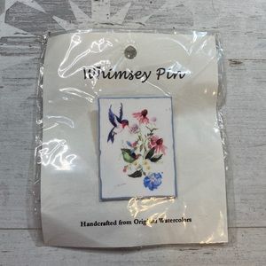 Whimsey Pin Handcrafted Watercolor Hummingbird and Flower Pin
